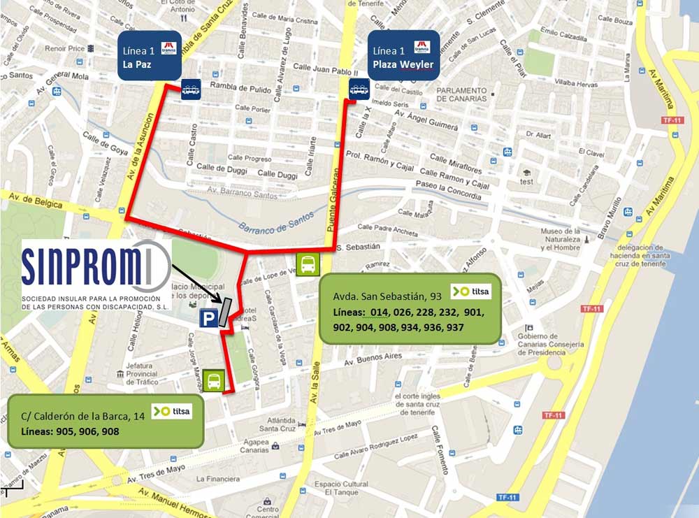 Mapa con líneas de guagua para llegar a Sinpromi